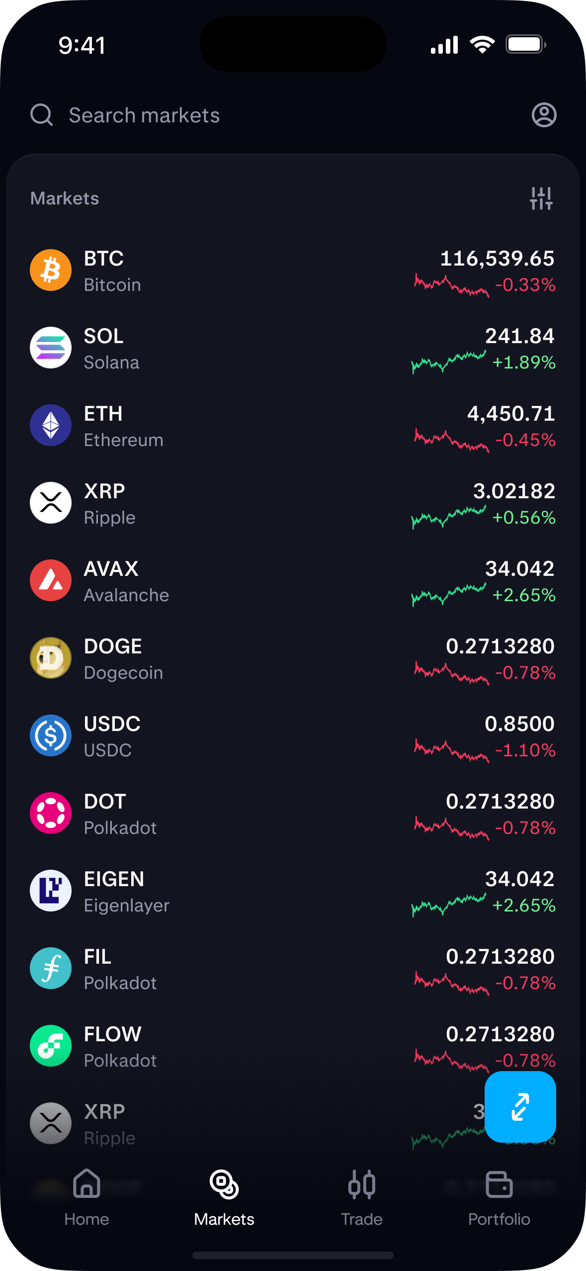 Breakout app markets list showing tradeable pairs with live prices