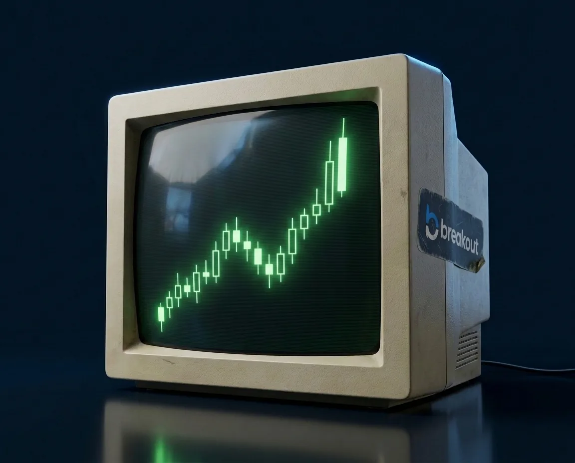 Vintage terminal showing a rising candlestick chart, a worn Breakout sticker on its side panel