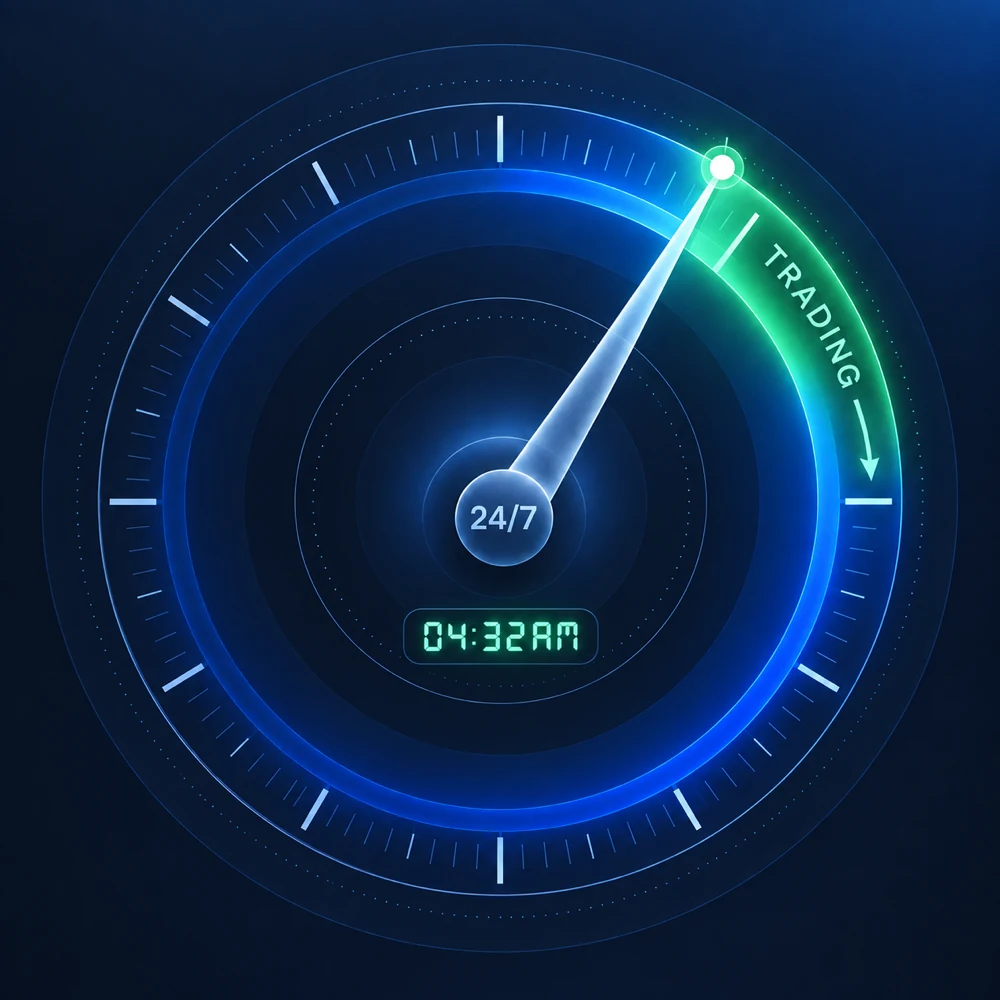 Clock dial illustration reading 24/7 with the needle in the green Trading zone at 04:32 am