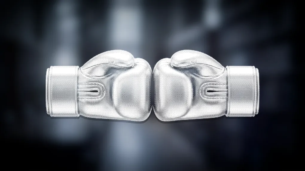 Dithered illustration of two boxing gloves meeting knuckle to knuckle