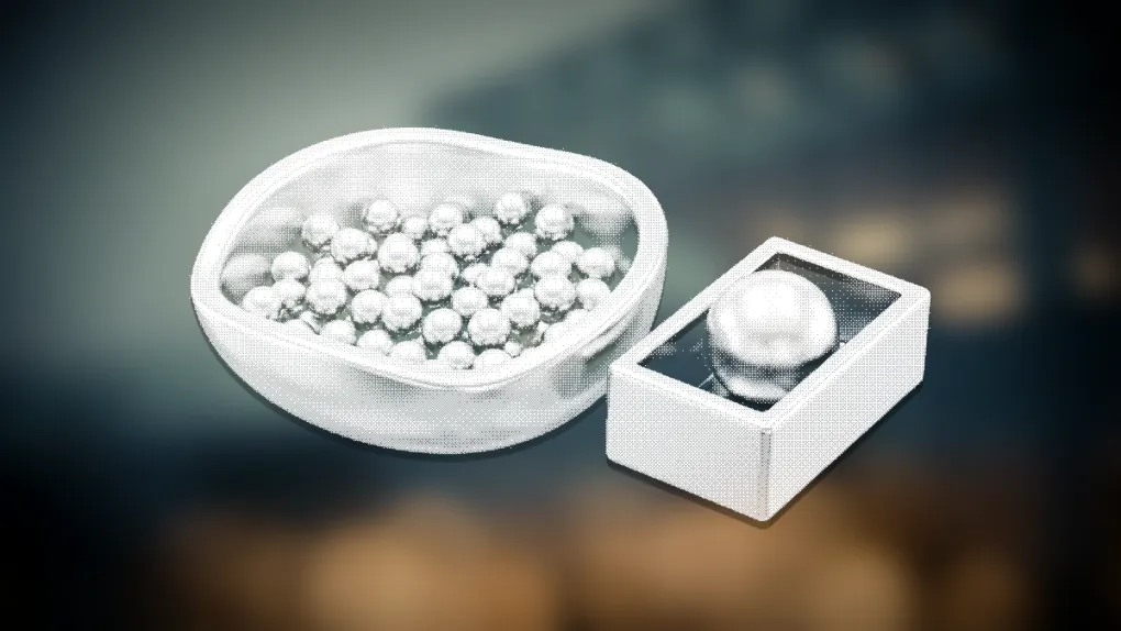 Dithered illustration of pooled spheres in a large bowl beside one sphere in a small box