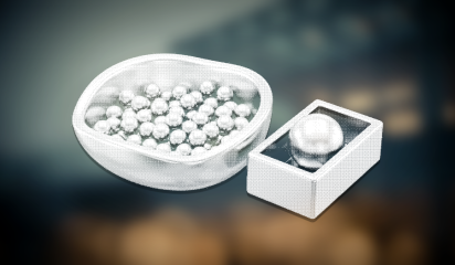 Dithered illustration of pooled spheres in a large bowl beside one sphere in a small box
