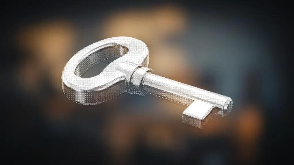 Dithered illustration of a clockwork winding key standing upright
