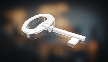 Dithered illustration of a clockwork winding key standing upright