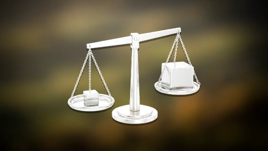 Dithered illustration of a balance scale tipped by a large cube against a small one