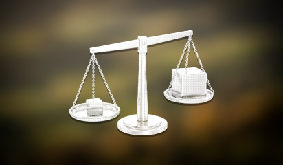 Dithered illustration of a balance scale tipped by a large cube against a small one