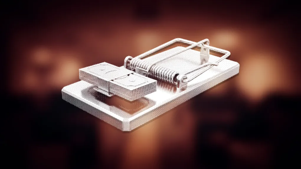 Dithered illustration of a mousetrap baited with a stack of banknotes