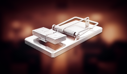Dithered illustration of a mousetrap baited with a stack of banknotes