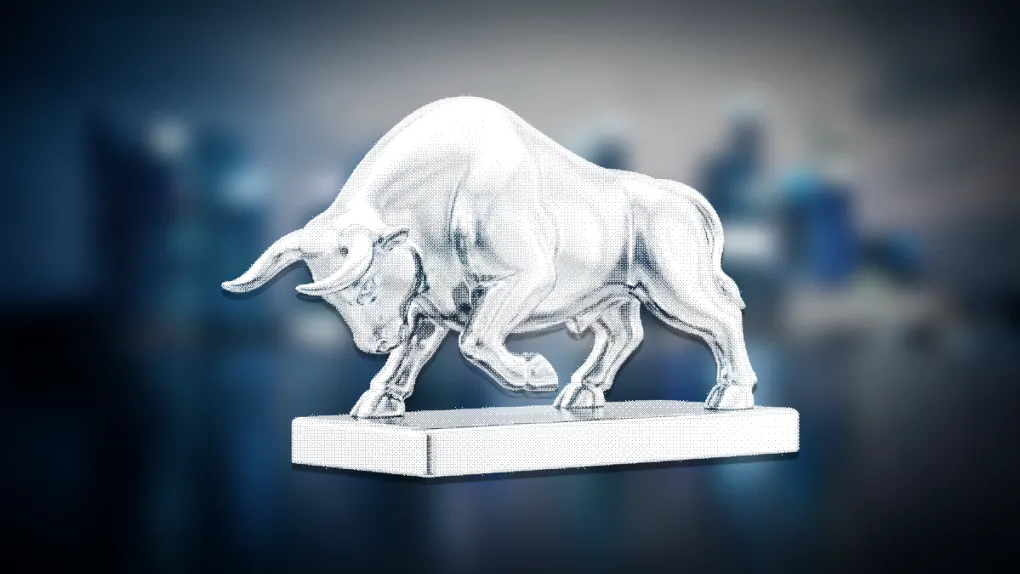 Dithered chrome rendering of a charging bull sculpture