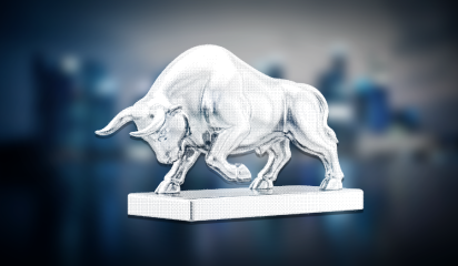 Dithered chrome rendering of a charging bull sculpture