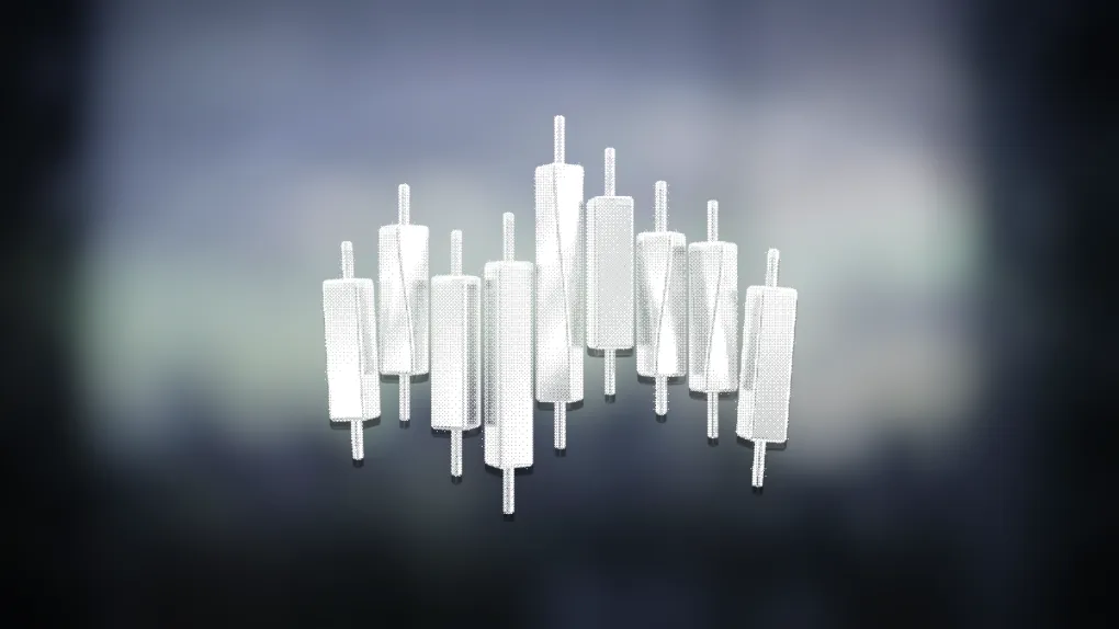 Dithered illustration of a cluster of candlestick shapes rising and falling