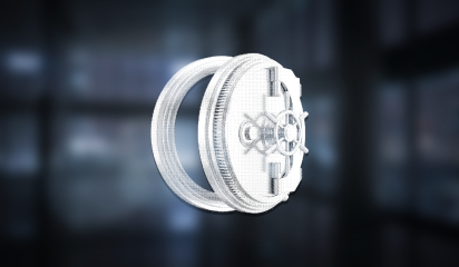 Dithered illustration of a bank vault door standing slightly open