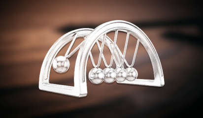 Dithered illustration of a Newton's cradle with one sphere raised mid-swing