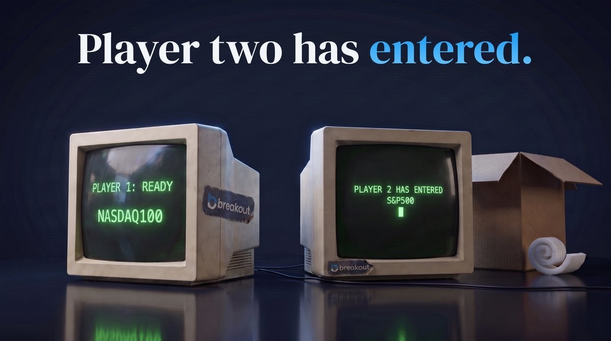 Two retro monitors side by side, player one ready on NASDAQ100 and player two entered on S&P500