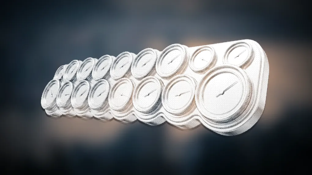 Dithered chrome rendering of a wide panel of dial gauges