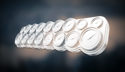Dithered chrome rendering of a wide panel of dial gauges
