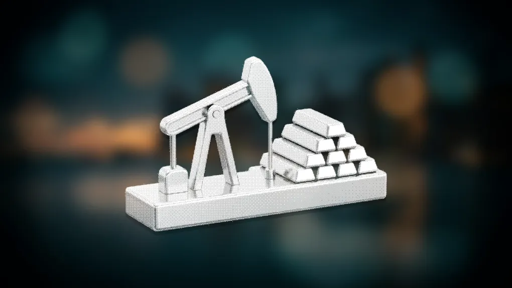 Dithered chrome rendering of an oil pumpjack beside stacked silver ingot bars
