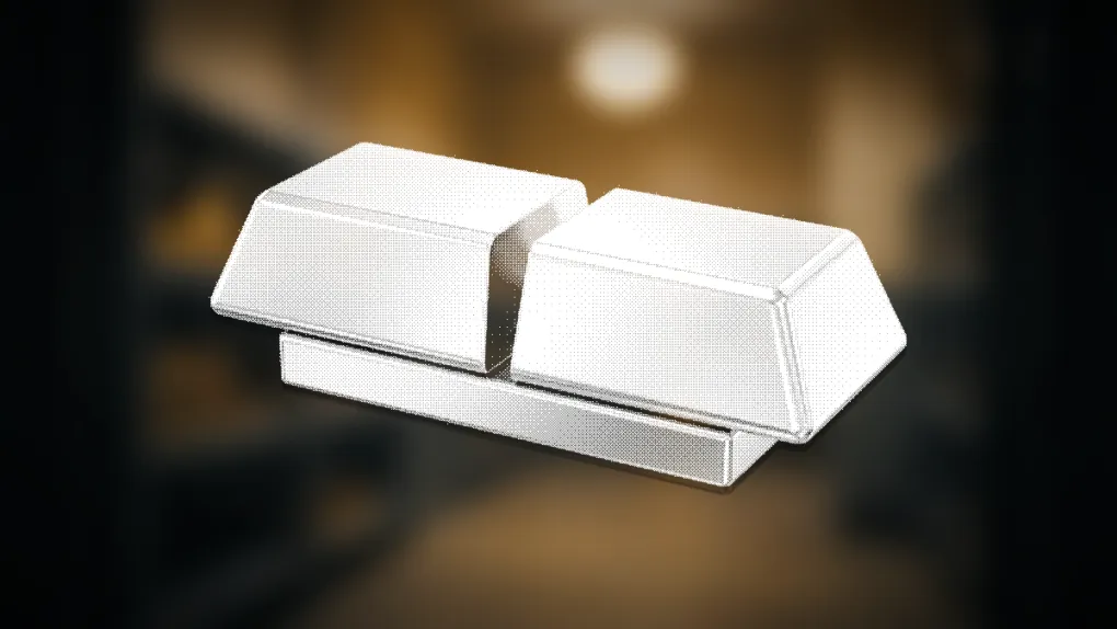 Dithered chrome rendering of an ingot bar cut cleanly in half