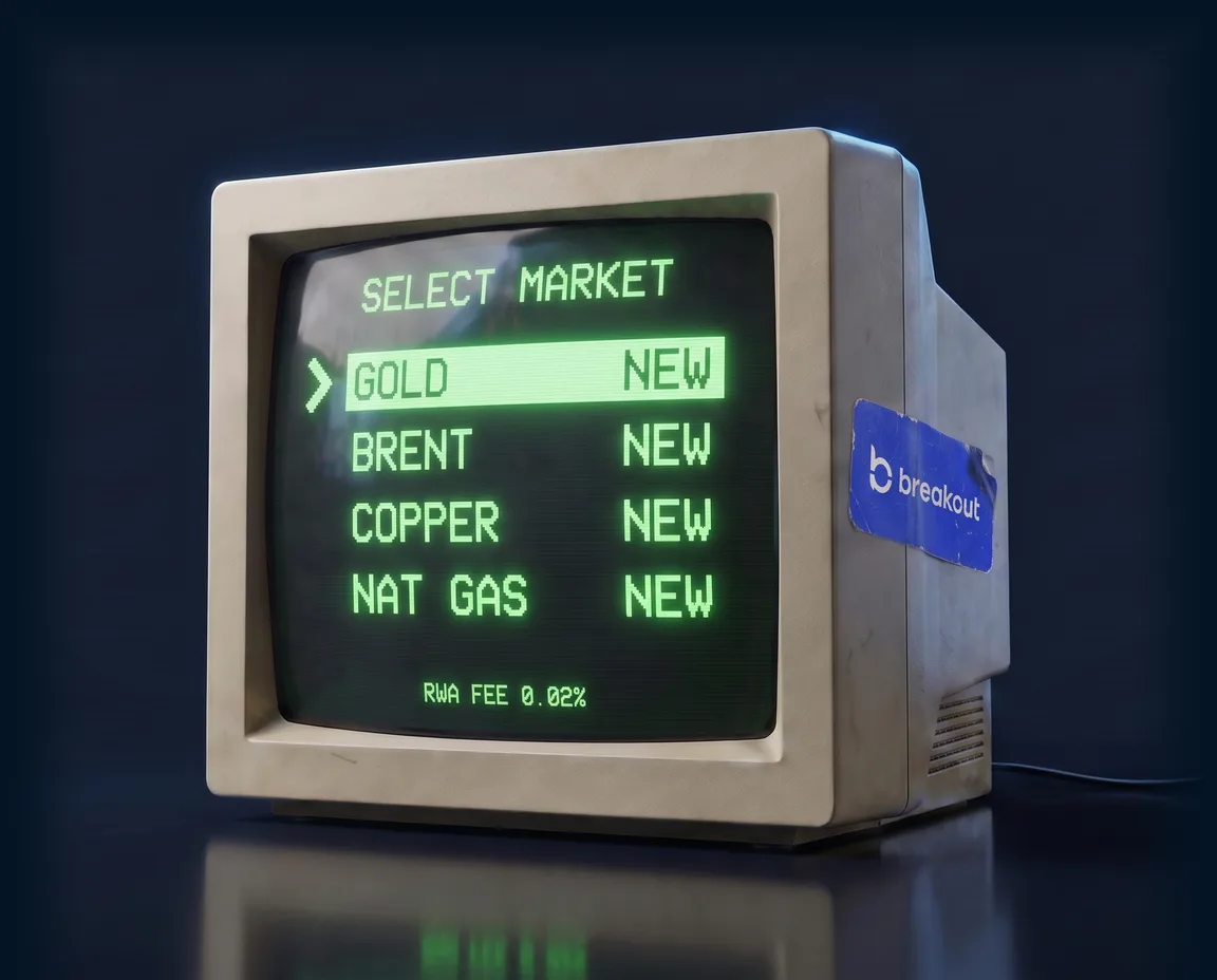 Vintage terminal showing a select market screen with Gold, Brent, Copper and Nat Gas each marked new and an RWA fee of 0.02%, worn Breakout sticker on its side panel